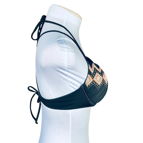 Shade & Shore Bikini Swim Top, 36B, Halter, Black w Studs Embroidery Underwire - Picture 3 of 10